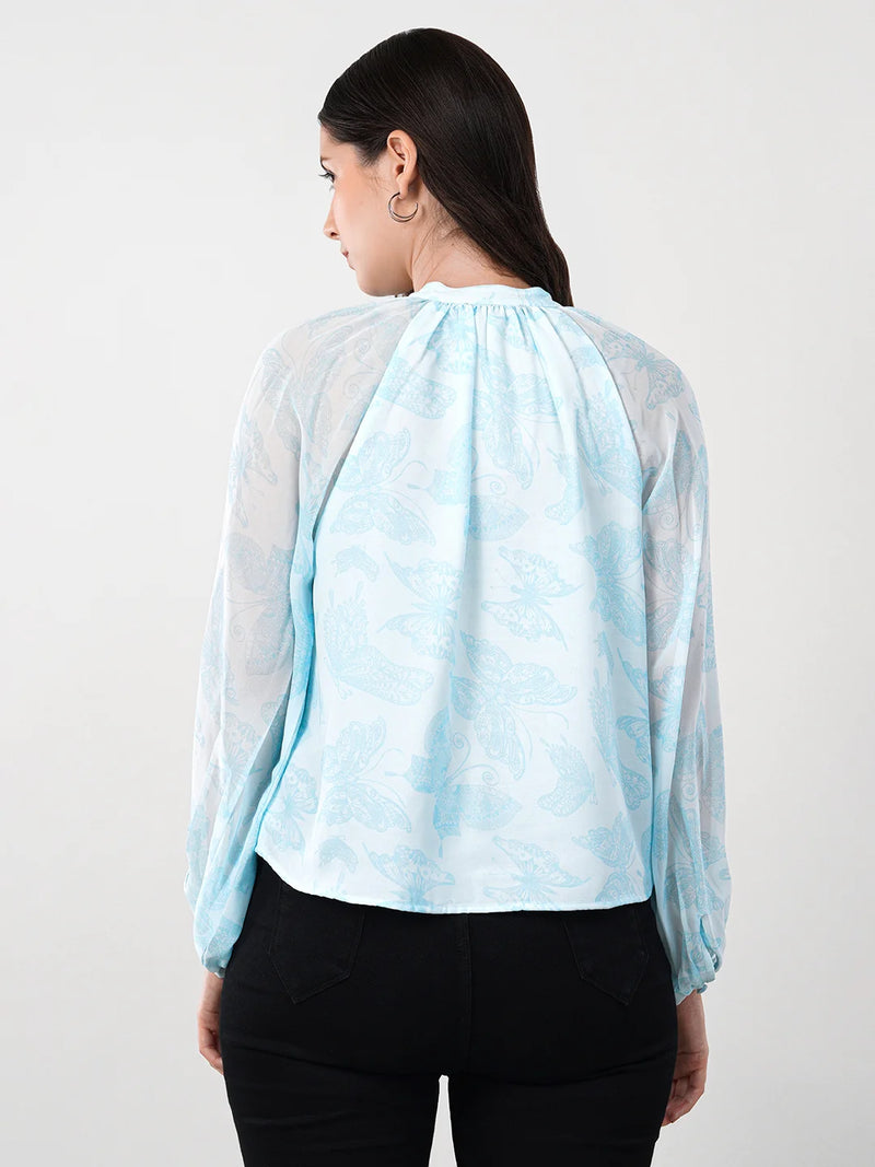 WOMEN'S GEORGETTE BUTTERFLY PRINT FULL SLEEVES TOP