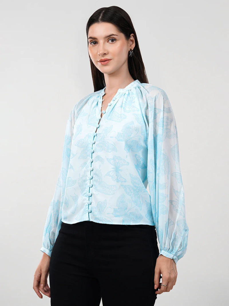 WOMEN'S GEORGETTE BUTTERFLY PRINT FULL SLEEVES TOP