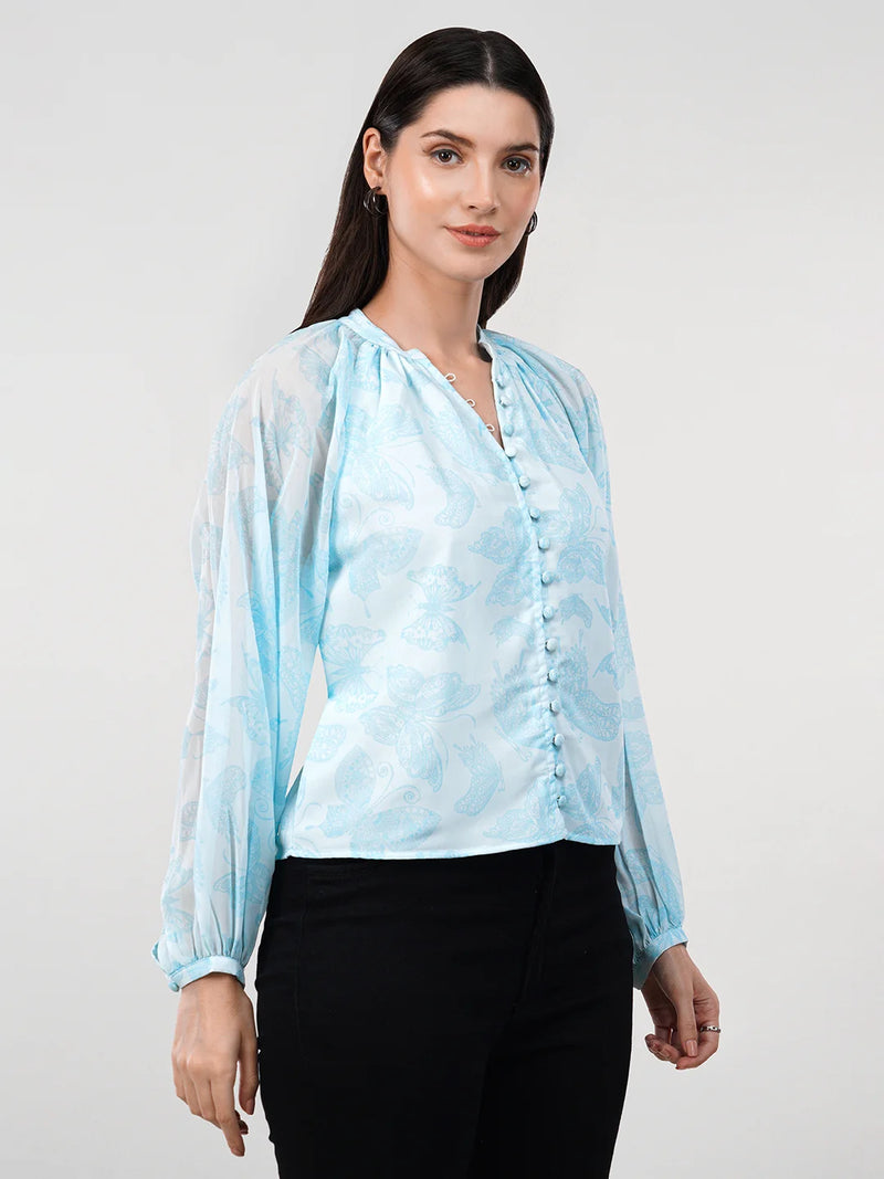 WOMEN'S GEORGETTE BUTTERFLY PRINT FULL SLEEVES TOP