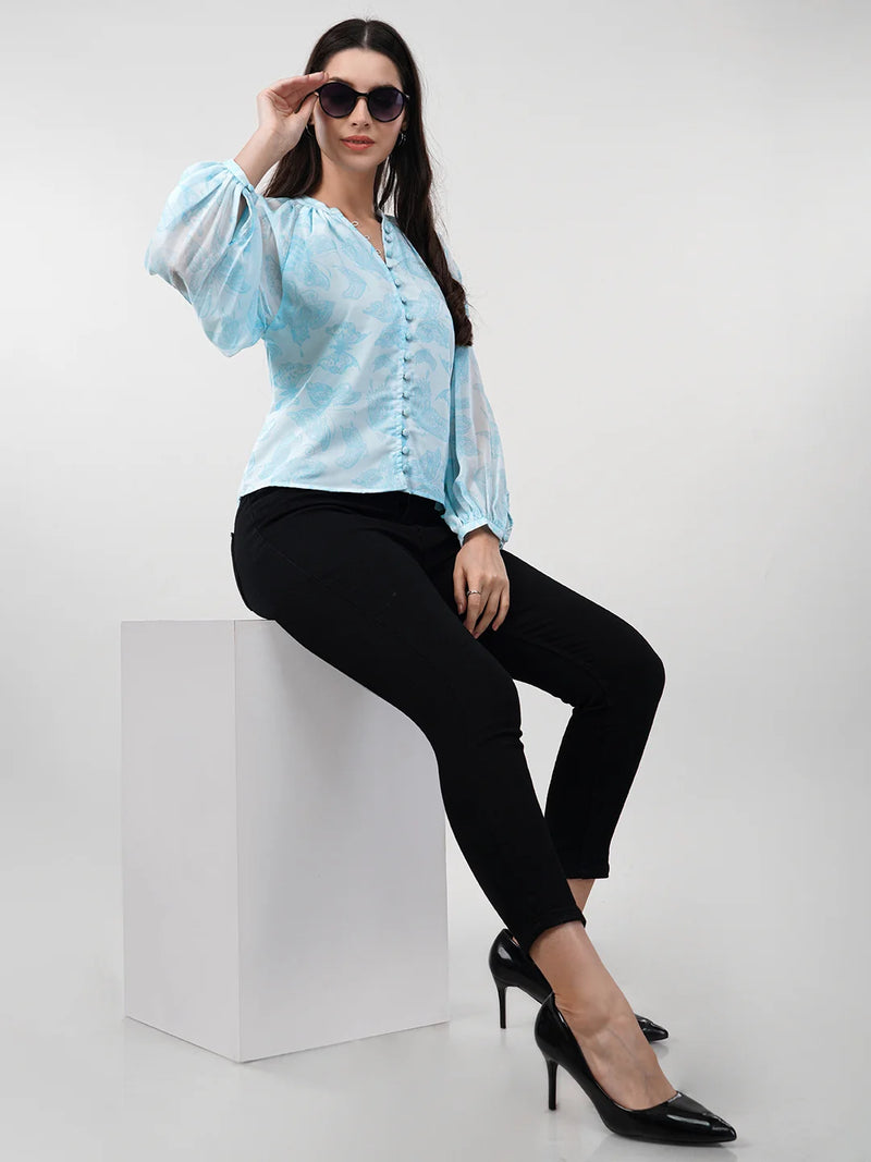 WOMEN'S GEORGETTE BUTTERFLY PRINT FULL SLEEVES TOP