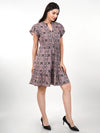 WOMEN'S PRINTED FIT AND FLARE RUFFLE KNEE LENGTH RAYON DRESS