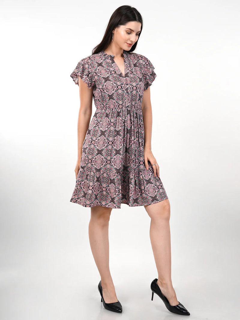 WOMEN'S PRINTED FIT AND FLARE RUFFLE KNEE LENGTH RAYON DRESS