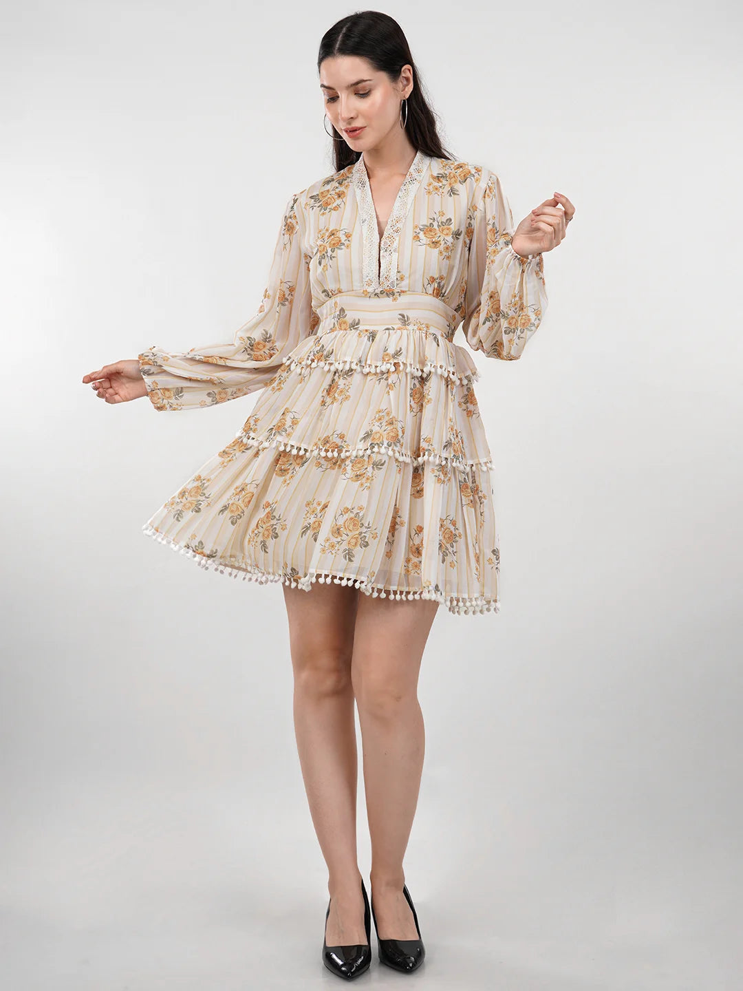 WOMEN'S GEORGETTE YELLOW FLORAL LAYERED DRESS