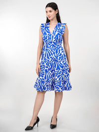 WOMEN'S BRIGHT WHITE-BLUE  PATTERN PANELLED PRINTED A-LINE COTTON DRESS
