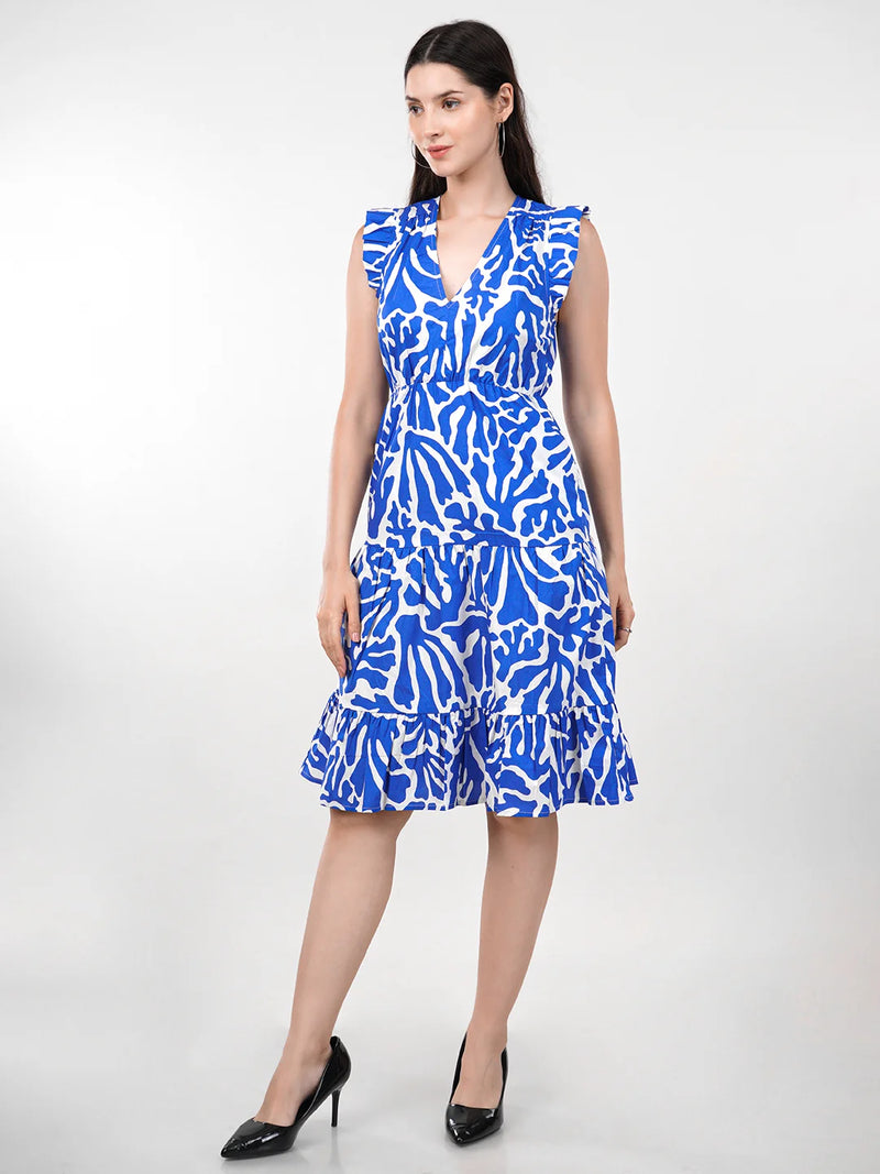 WOMEN'S BRIGHT WHITE-BLUE  PATTERN PANELLED PRINTED A-LINE COTTON DRESS