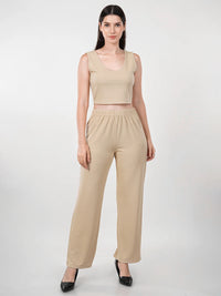 WOMEN'S BEIGE KNITTED POLYESTER CO-ORDS SET