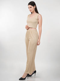 WOMEN'S BEIGE KNITTED POLYESTER CO-ORDS SET