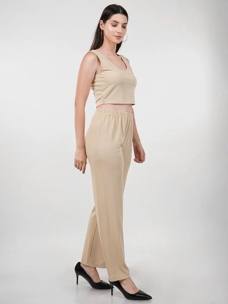 WOMEN'S BEIGE KNITTED POLYESTER CO-ORDS SET