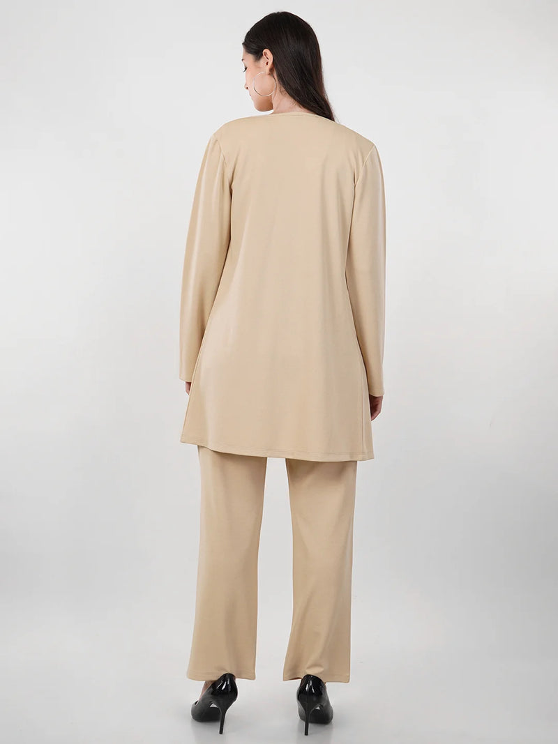 WOMEN'S BEIGE KNITTED THREE PIECE POLYESTER CO-ORDS SET