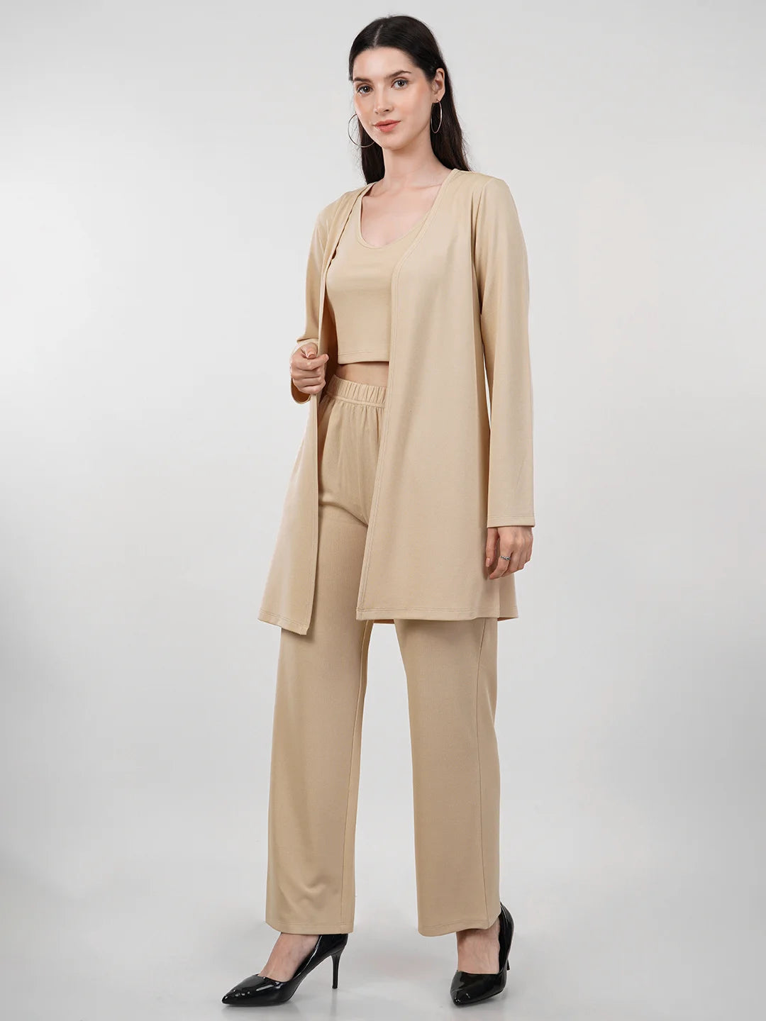 WOMEN'S BEIGE KNITTED THREE PIECE POLYESTER CO-ORDS SET