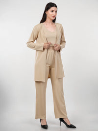 WOMEN'S BEIGE KNITTED THREE PIECE POLYESTER CO-ORDS SET