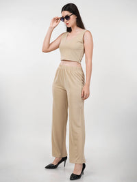 WOMEN'S BEIGE KNITTED THREE PIECE POLYESTER CO-ORDS SET