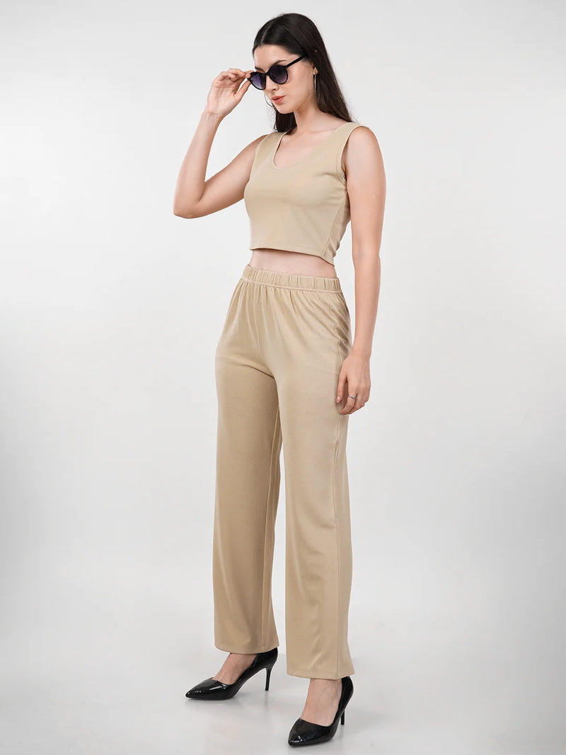 WOMEN'S BEIGE KNITTED THREE PIECE POLYESTER CO-ORDS SET
