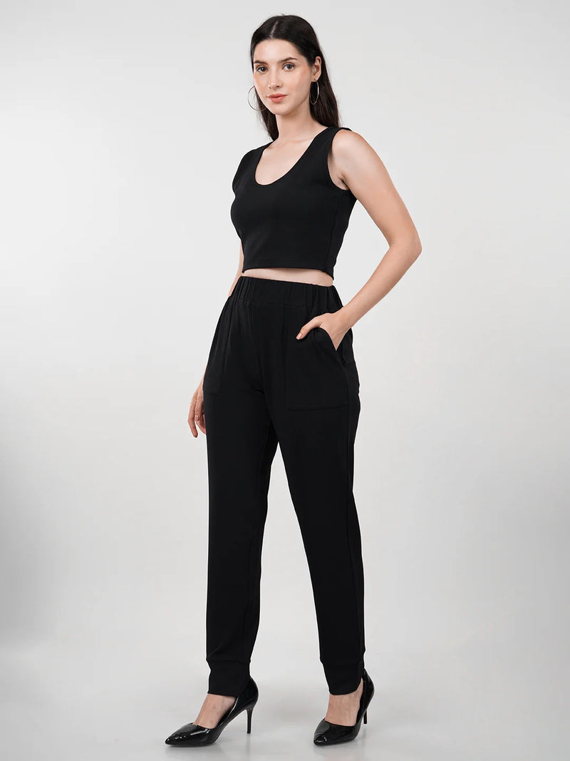 WOMEN'S BLACK KNITTED POLYESTER CO-ORDS SET