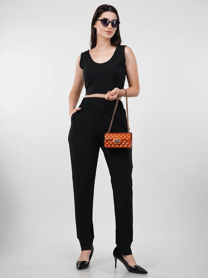 WOMEN'S BLACK KNITTED POLYESTER CO-ORDS SET