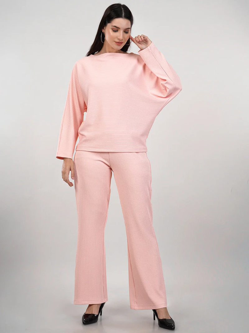 WOMEN'S PINK RIB KNIT POLYESTER CO-ORDS SET