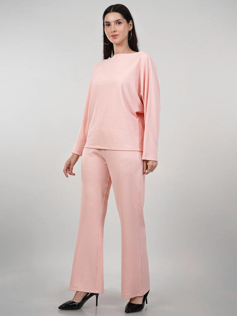 WOMEN'S PINK RIB KNIT POLYESTER CO-ORDS SET