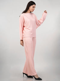 WOMEN'S PINK RIB KNIT POLYESTER CO-ORDS SET