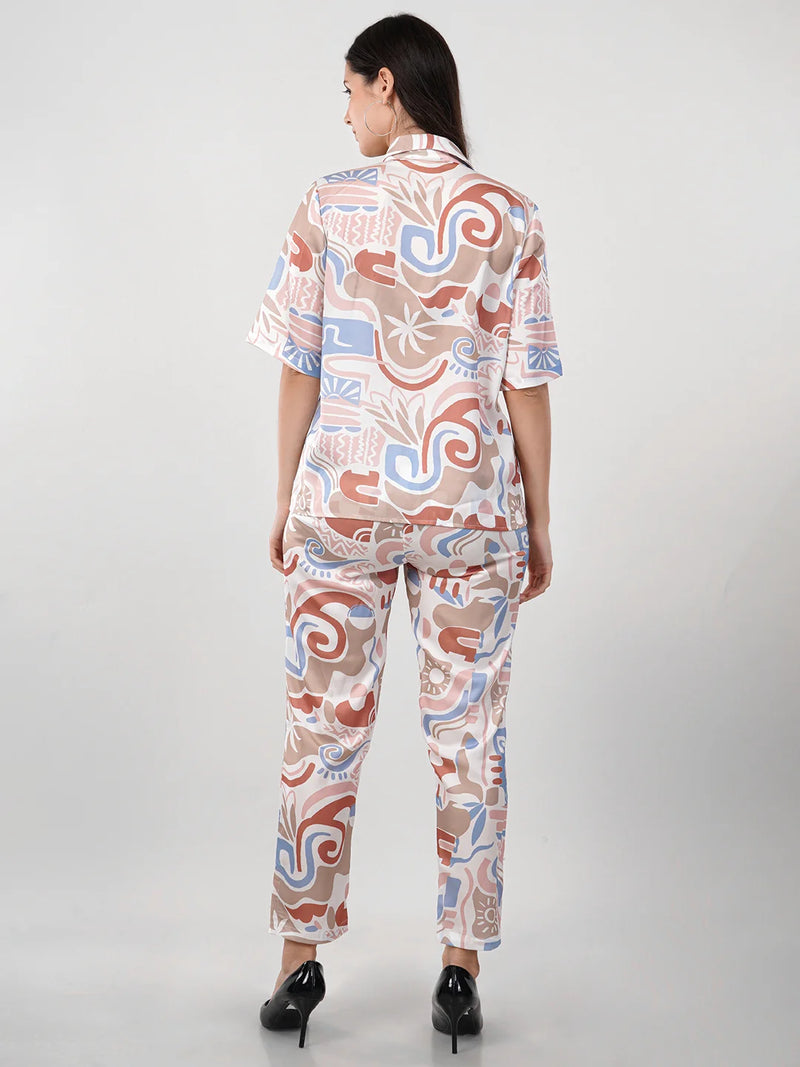 WOMEN'S SWISS SATIN PRINTED SHIRT WITH TROUSERS CO-ORDS SET