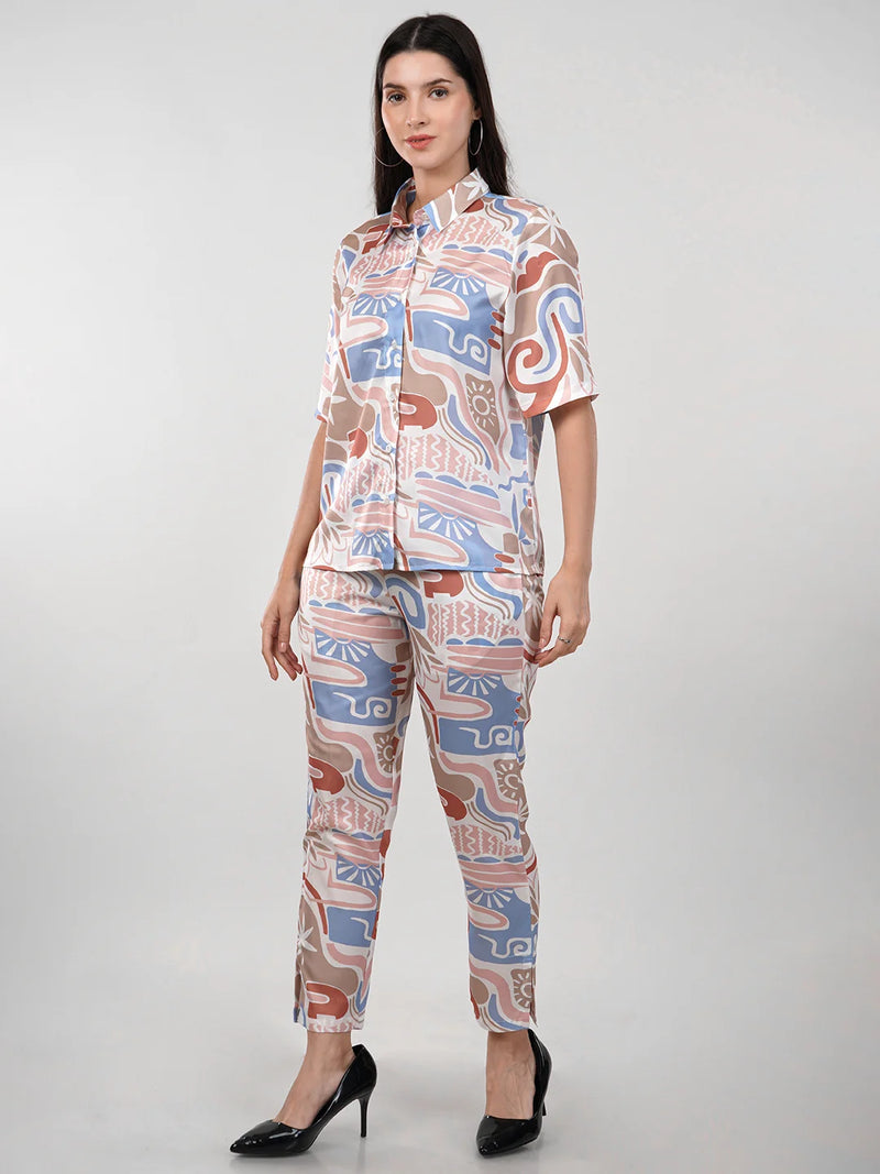 WOMEN'S SWISS SATIN PRINTED SHIRT WITH TROUSERS CO-ORDS SET