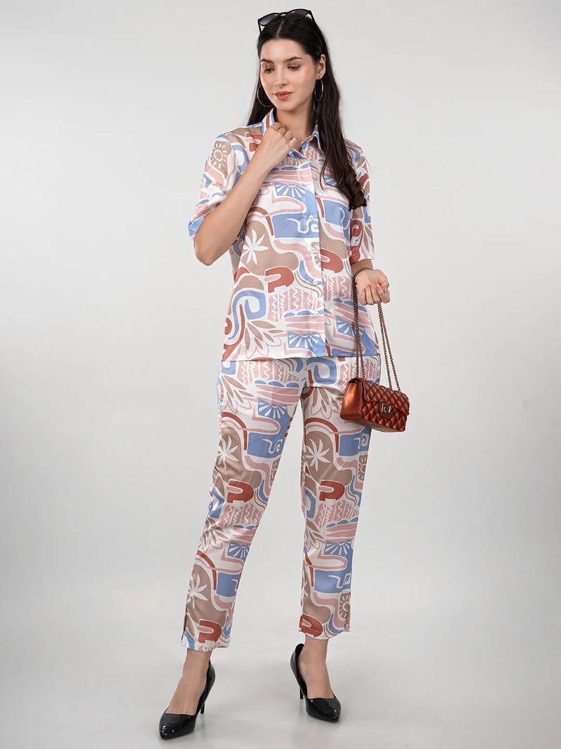 WOMEN'S SWISS SATIN PRINTED SHIRT WITH TROUSERS CO-ORDS SET