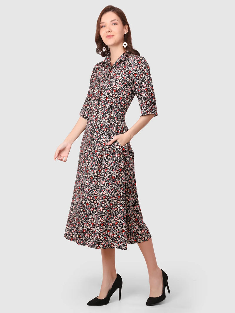 WOMEN'S FLORAL PRINT MAXI SHIRT RAYON DRESS