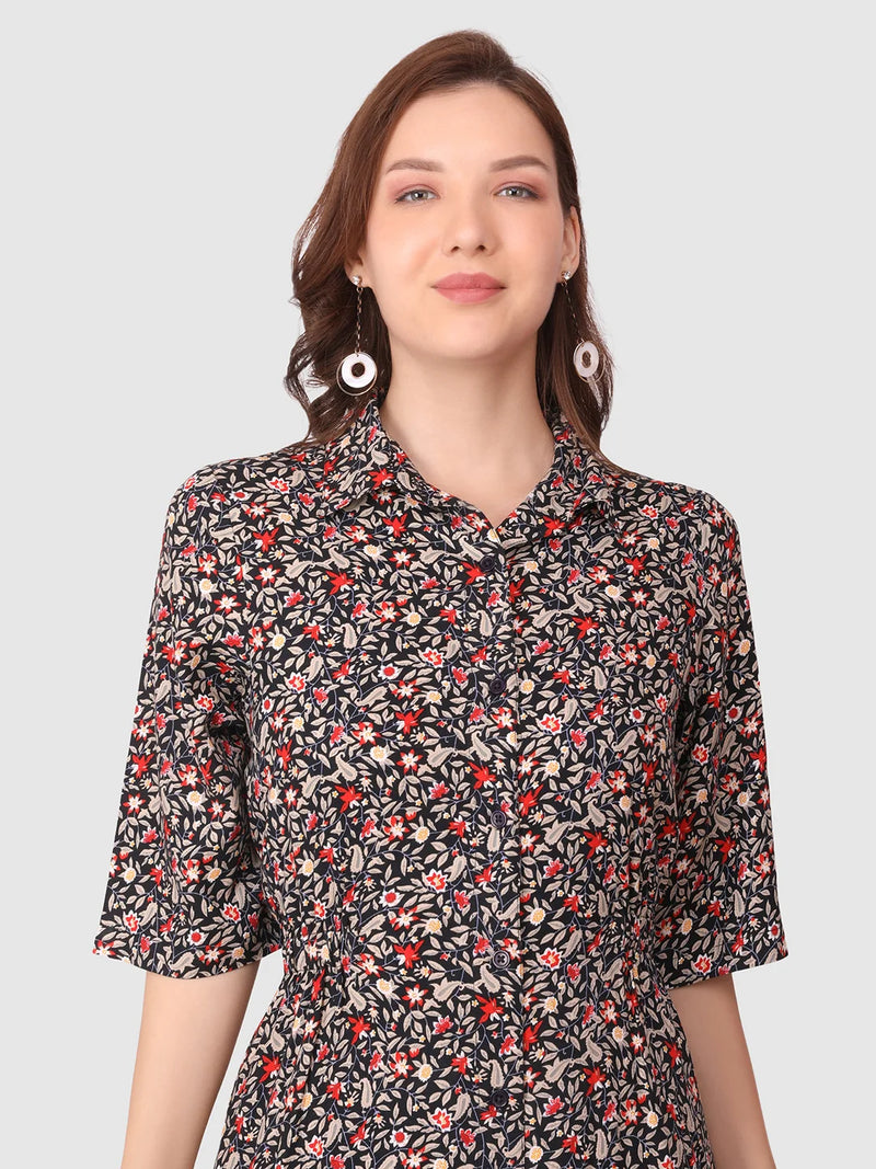 WOMEN'S FLORAL PRINT MAXI SHIRT RAYON DRESS