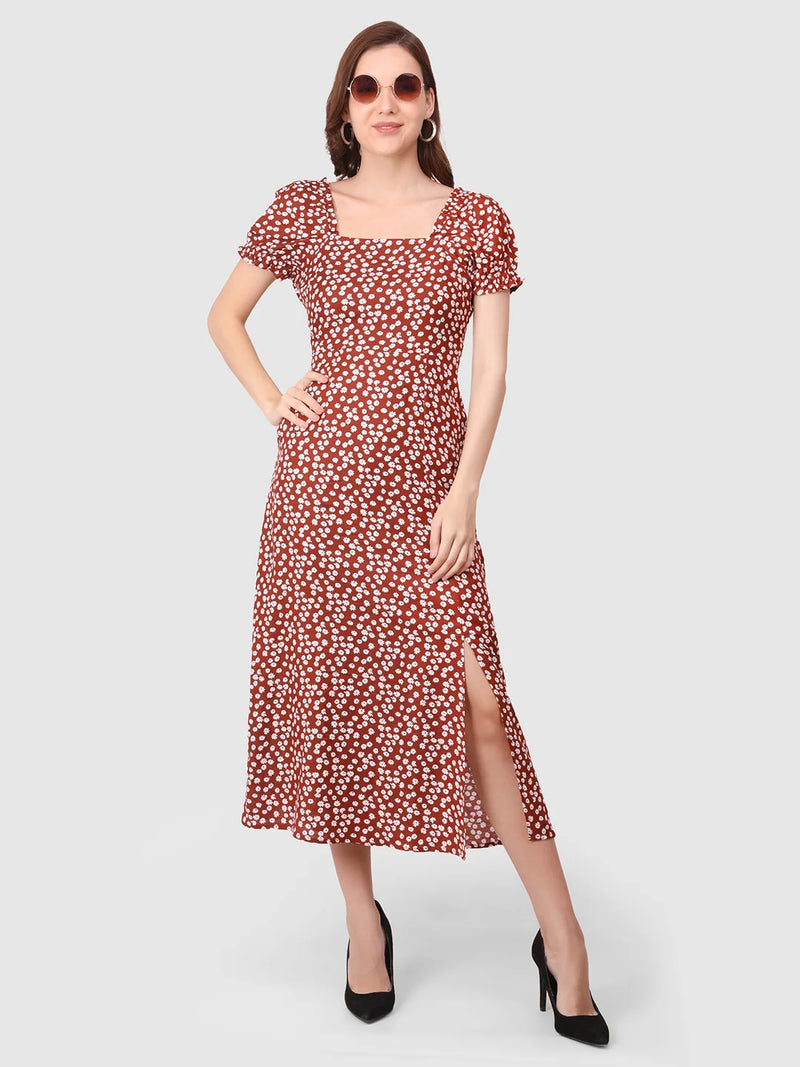 WOMEN'S RED FLORAL PRINT SMOCKING SLIT  RAYON DRESS