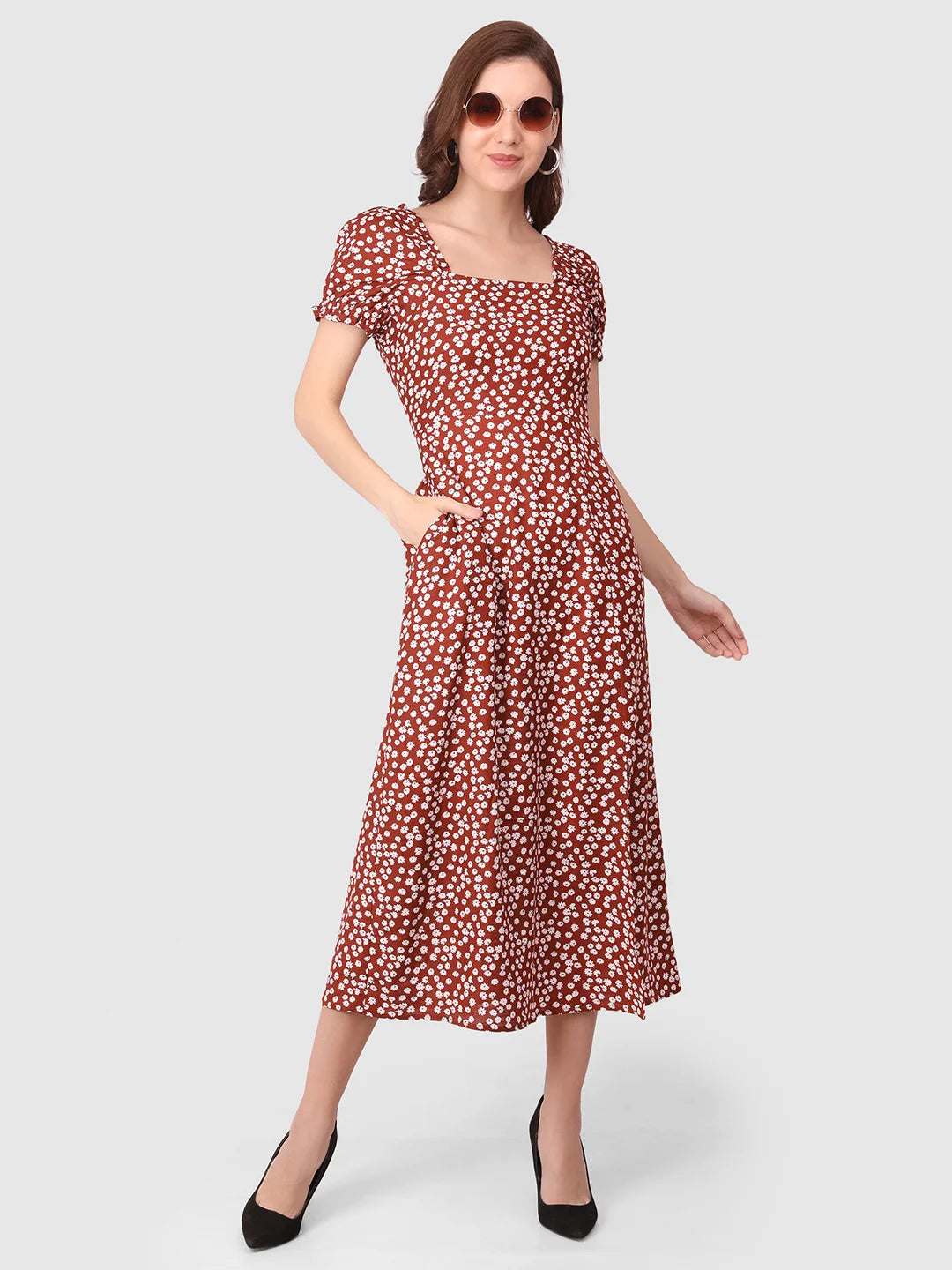 WOMEN'S RED FLORAL PRINT SMOCKING SLIT  RAYON DRESS