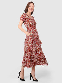 WOMEN'S RED FLORAL PRINT SMOCKING SLIT  RAYON DRESS