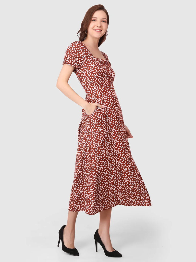 WOMEN'S RED FLORAL PRINT SMOCKING SLIT  RAYON DRESS