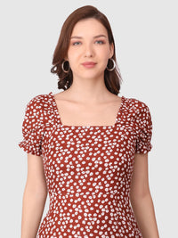 WOMEN'S RED FLORAL PRINT SMOCKING SLIT  RAYON DRESS