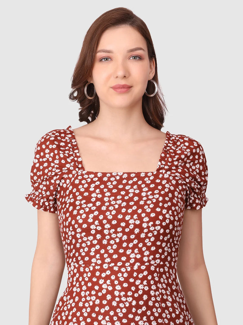 WOMEN'S RED FLORAL PRINT SMOCKING SLIT  RAYON DRESS