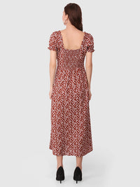 WOMEN'S RED FLORAL PRINT SMOCKING SLIT  RAYON DRESS