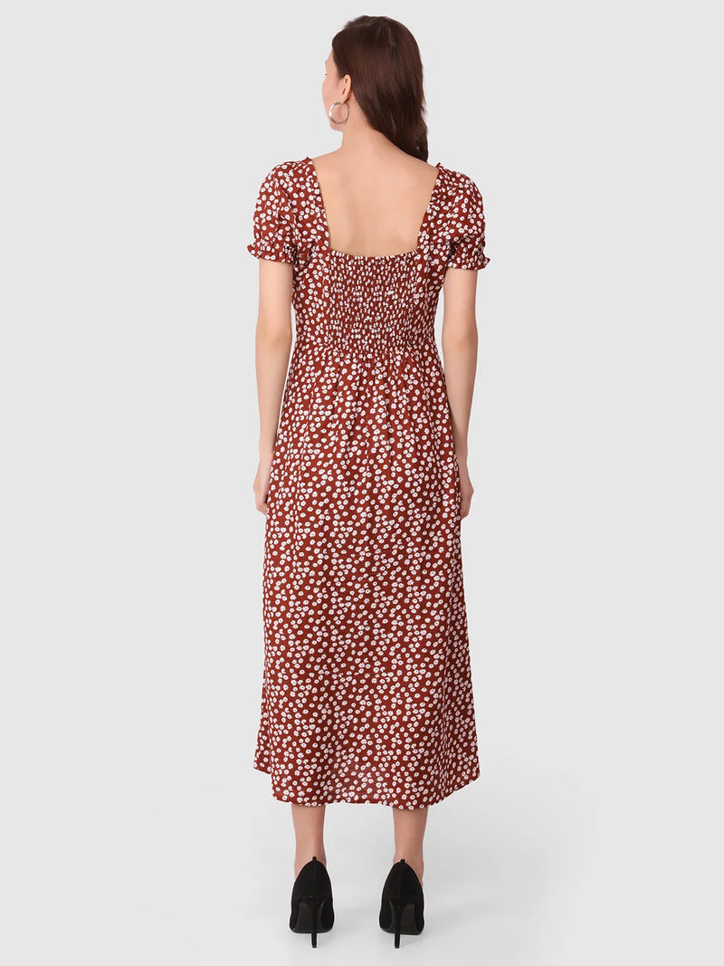 WOMEN'S RED FLORAL PRINT SMOCKING SLIT  RAYON DRESS