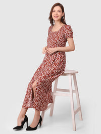 WOMEN'S RED FLORAL PRINT SMOCKING SLIT  RAYON DRESS