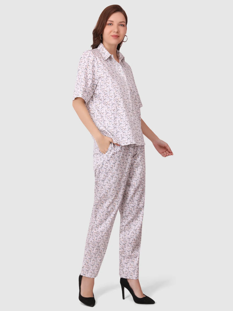 WOMEN'S PRINTED SHIRT WITH TROUSERS COTTON CO-ORDS SET