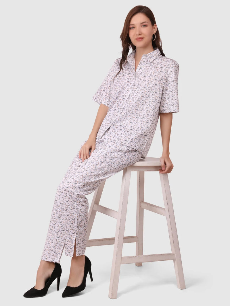 WOMEN'S PRINTED SHIRT WITH TROUSERS COTTON CO-ORDS SET