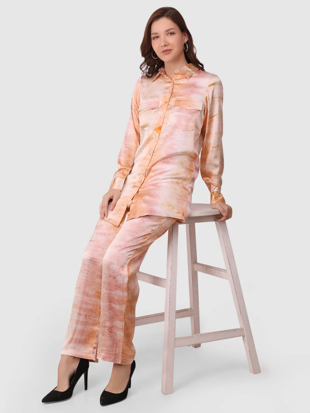 WOMEN'S SATIN PRINTED SHIRT WITH TROUSER CO-ORDS SET