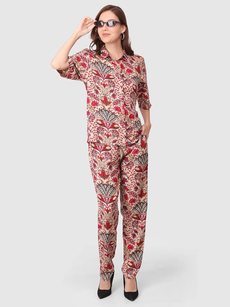 WOMEN'S PRINTED SHIRT WITH TROUSERS RAYON CO-ORDS SET