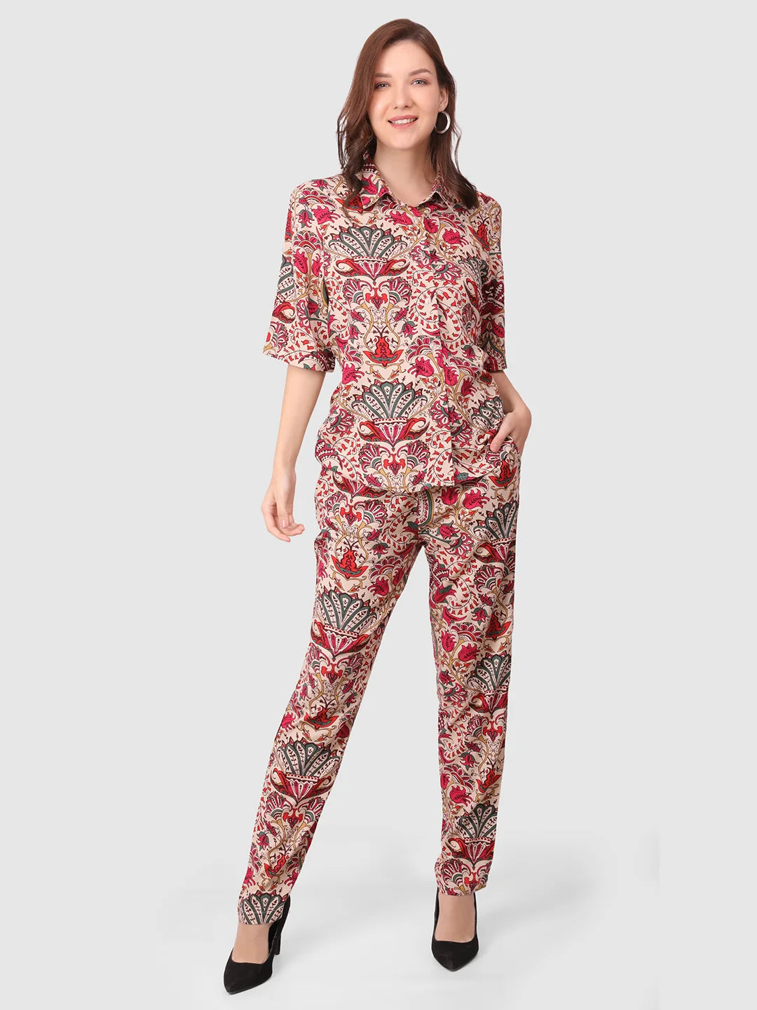 WOMEN'S PRINTED SHIRT WITH TROUSERS RAYON CO-ORDS SET