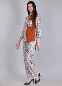 WOMEN'S FLORAL PRINTED WITH SOLID RUST HIGH LOW SHIRT WITH TROUSER RAYON CO-ORDS SET