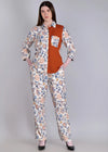 WOMEN'S FLORAL PRINTED WITH SOLID RUST HIGH LOW SHIRT WITH TROUSER RAYON CO-ORDS SET