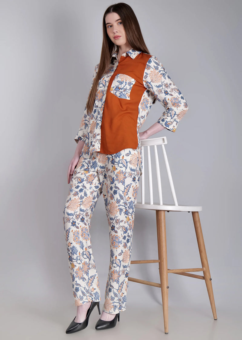 WOMEN'S FLORAL PRINTED WITH SOLID RUST HIGH LOW SHIRT WITH TROUSER RAYON CO-ORDS SET