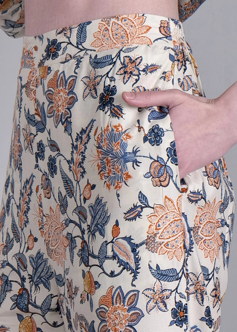 WOMEN'S FLORAL PRINTED WITH SOLID RUST HIGH LOW SHIRT WITH TROUSER RAYON CO-ORDS SET