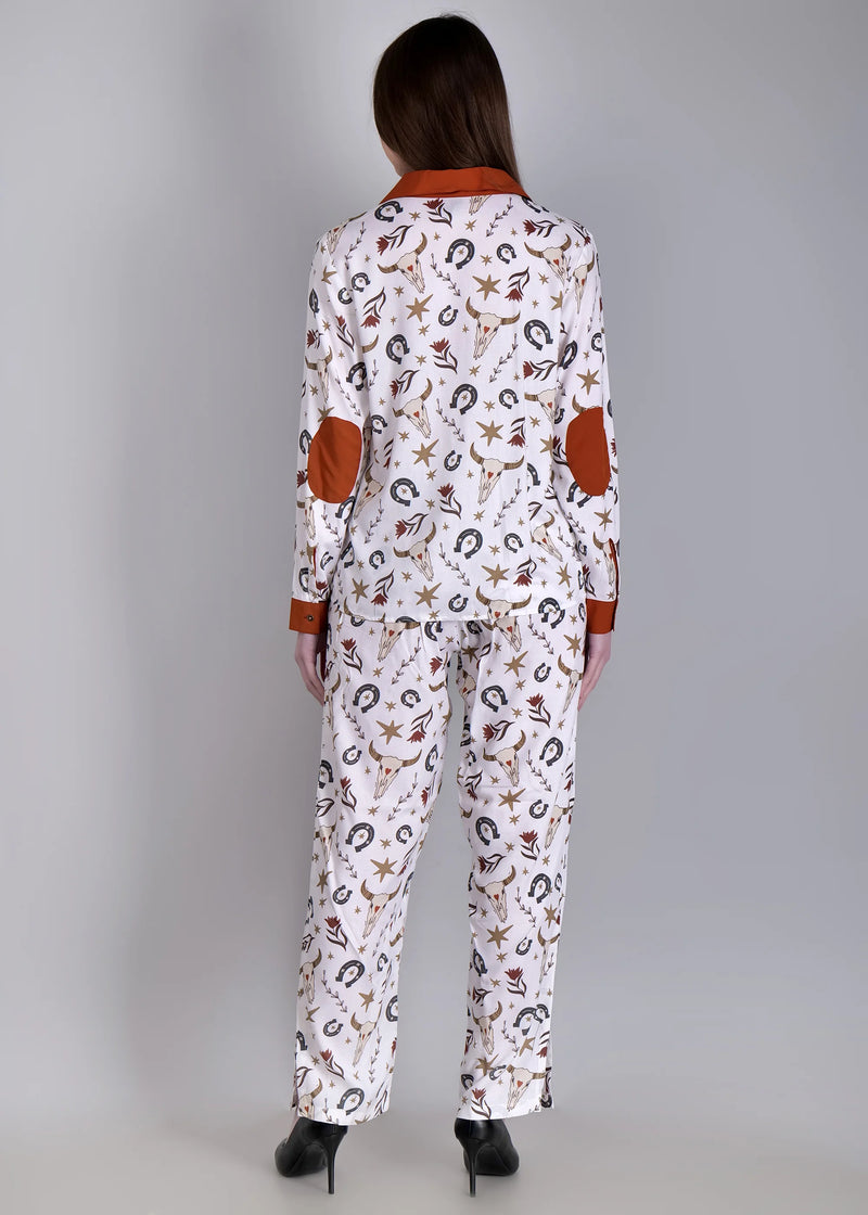 WOMEN'S BULL HORN MIX PRINT SHIRT WITH TROUSER RAYON CO-ORD SET