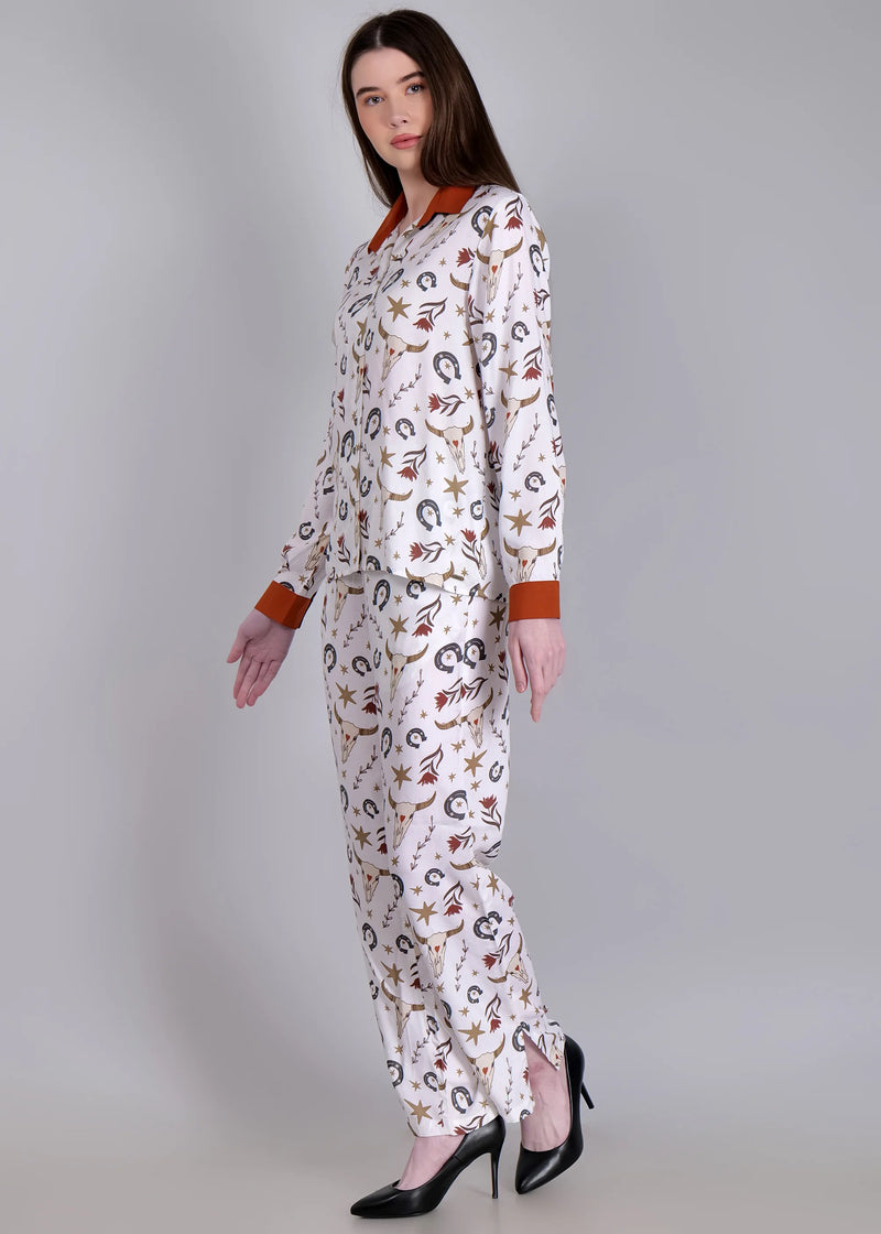 WOMEN'S BULL HORN MIX PRINT SHIRT WITH TROUSER RAYON CO-ORD SET