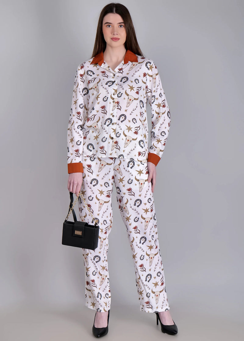 WOMEN'S BULL HORN MIX PRINT SHIRT WITH TROUSER RAYON CO-ORD SET