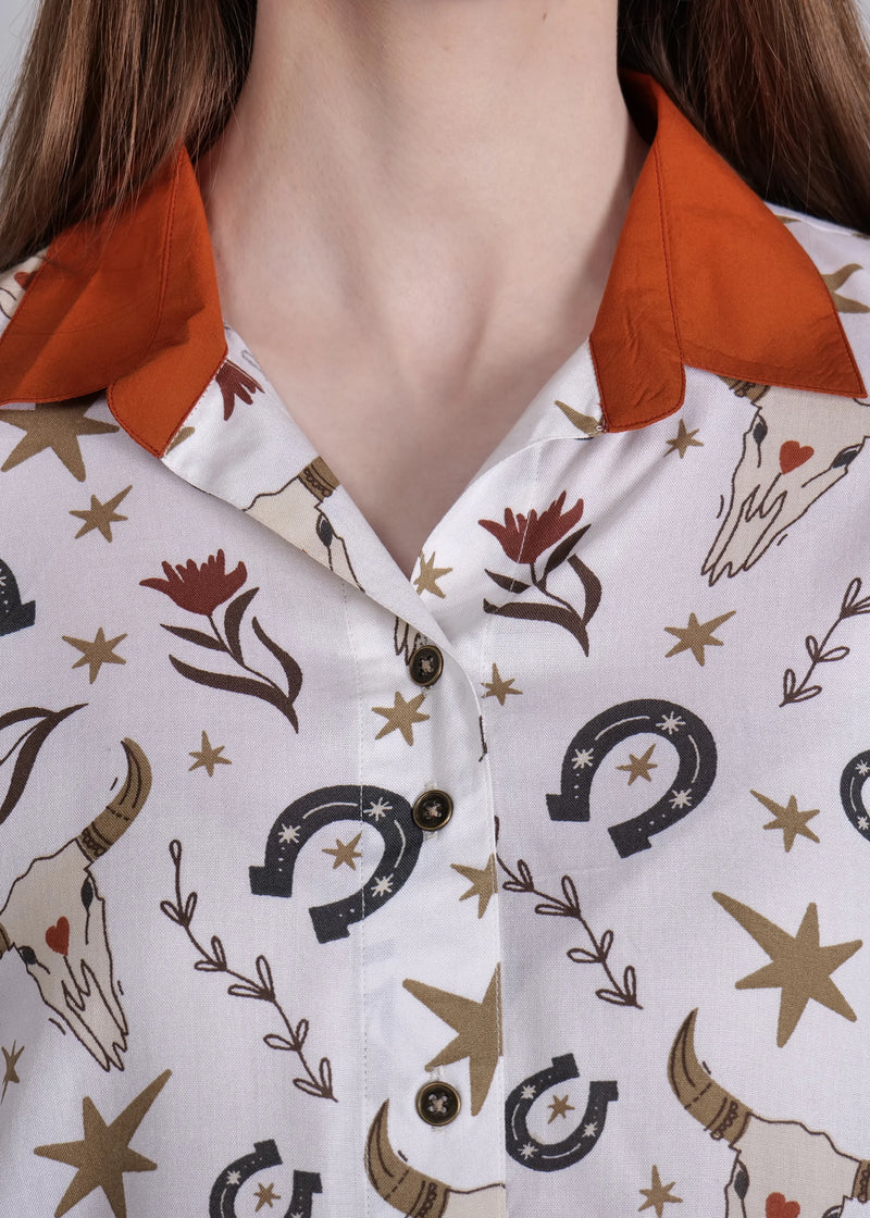 WOMEN'S BULL HORN MIX PRINT SHIRT WITH TROUSER RAYON CO-ORD SET