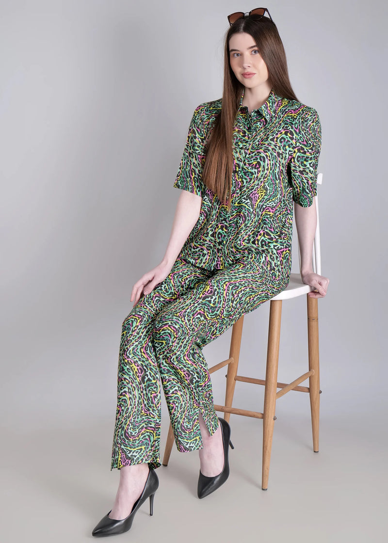 WOMEN'S LEOPARD PRINT SHIRT WITH TROUSERS RAYON CO-ORDS SET
